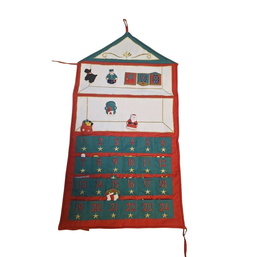 Vtg Fabric Advent Christmas Calendar Holiday Festive Tradition Pocket Surprises